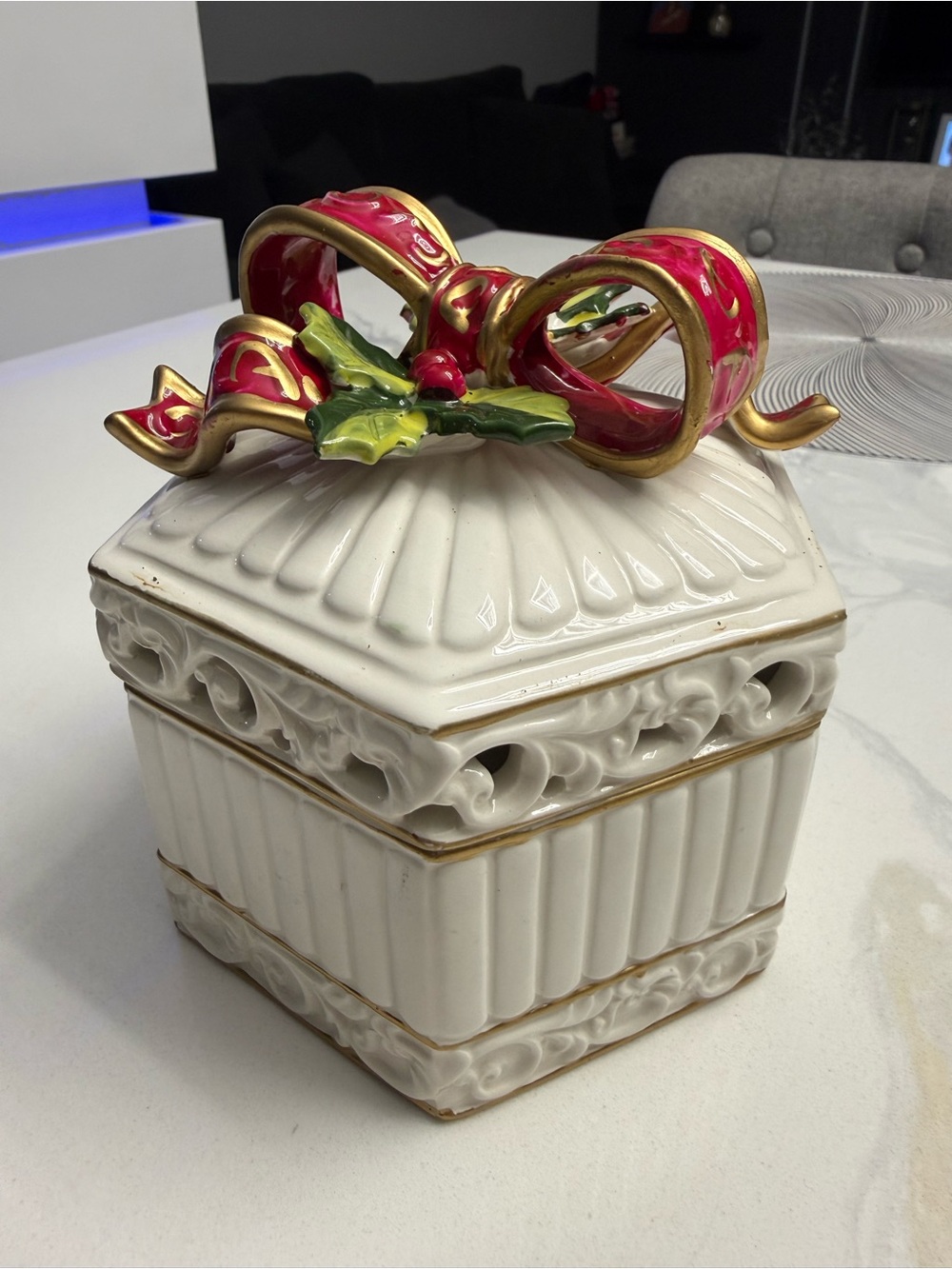 Festive Ceramic Holiday Trinket Box with Red Bow & Holly Accent